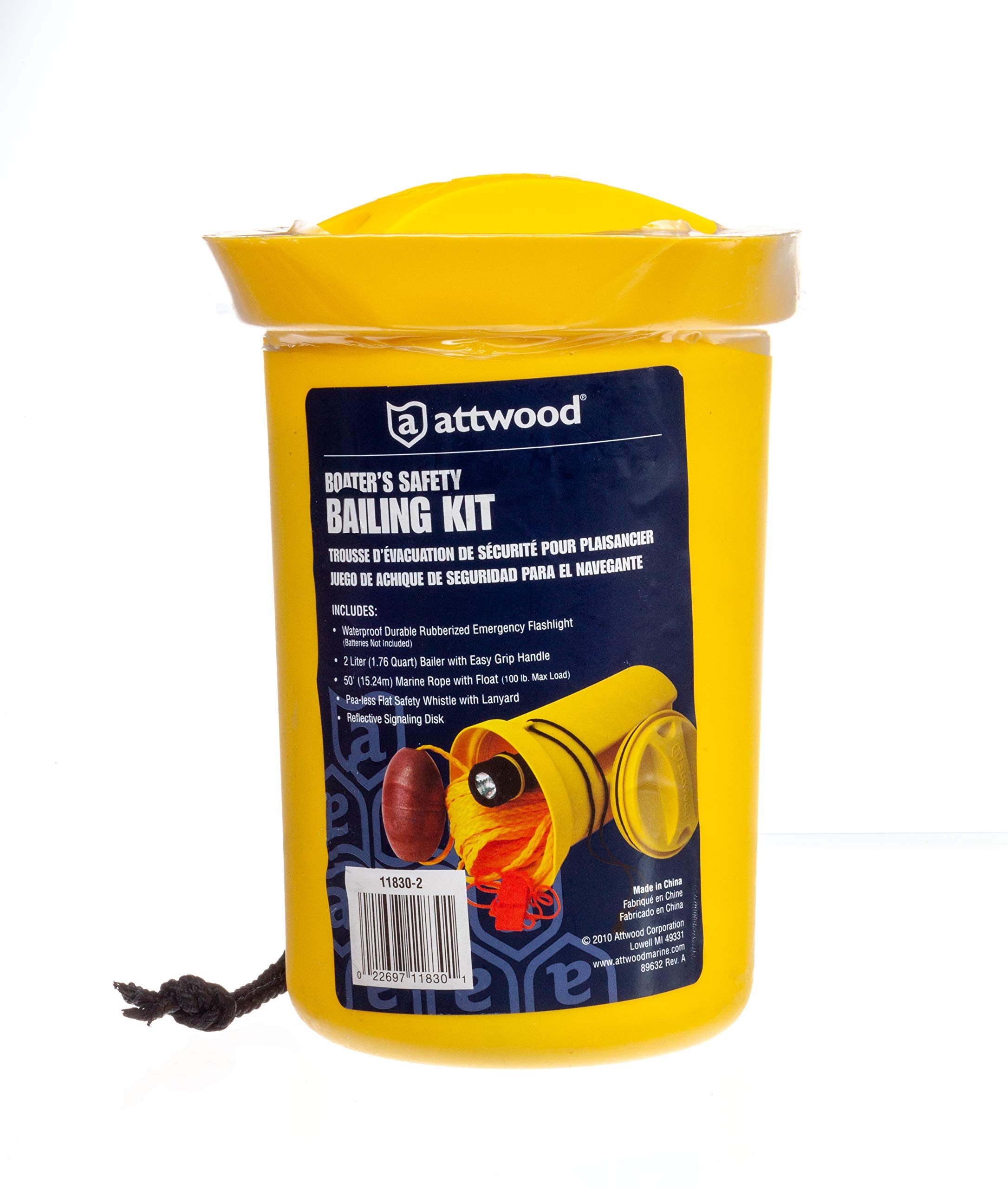 Attwood Bailer Safety Kit safety yellow bailer increases on-water visibility.