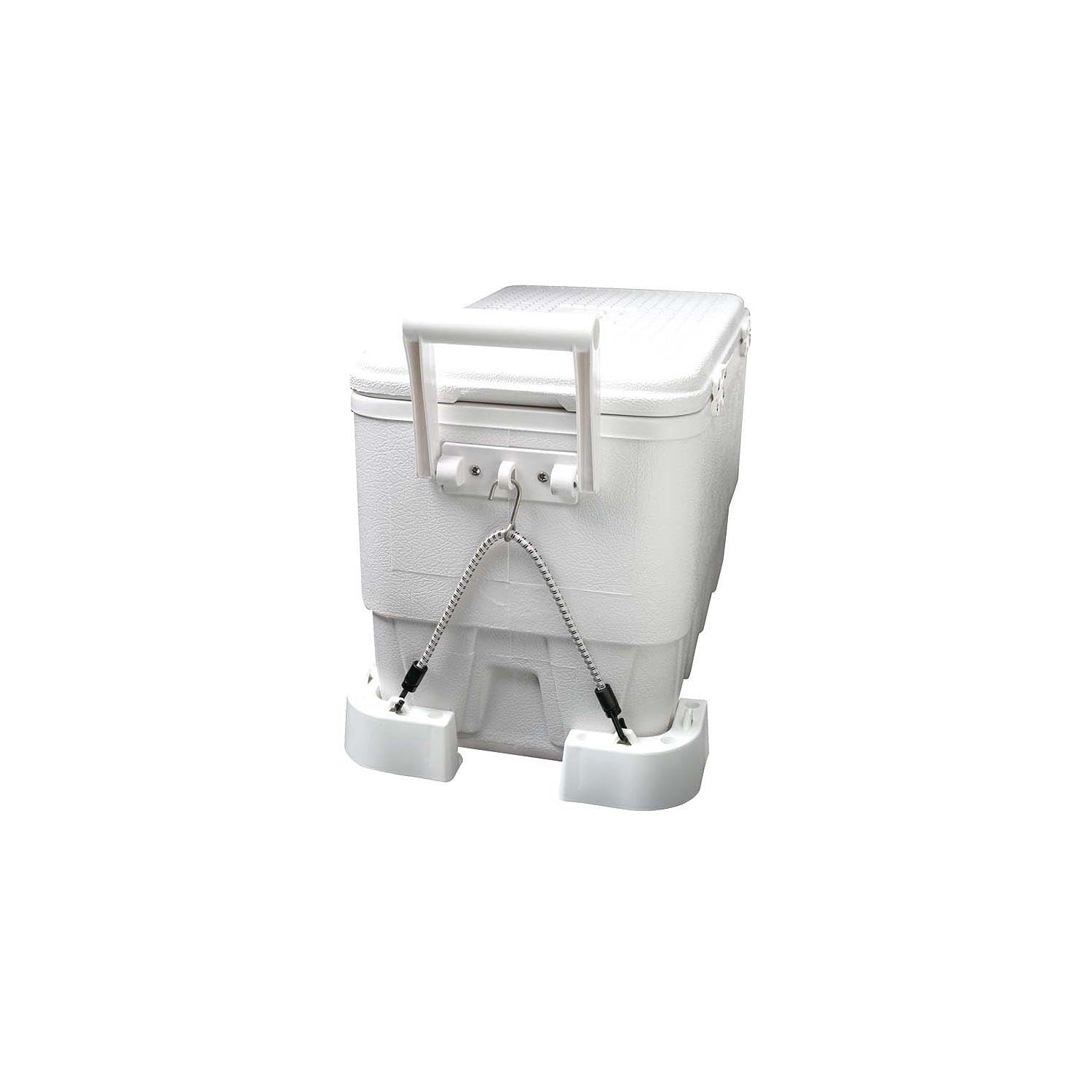 Attwood mounting kit reduces cooler shifts and deck damage during use.