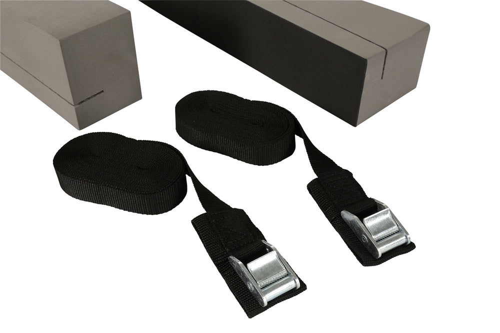 Angled foam blocks cushion kayak on car roof for protection