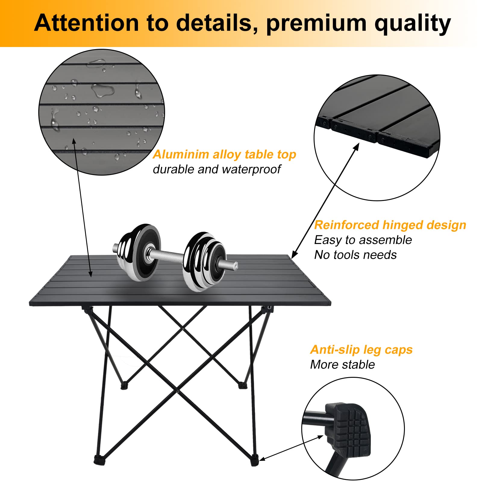 Audoyon foldable camping side table X-frame provides stability on varied ground.