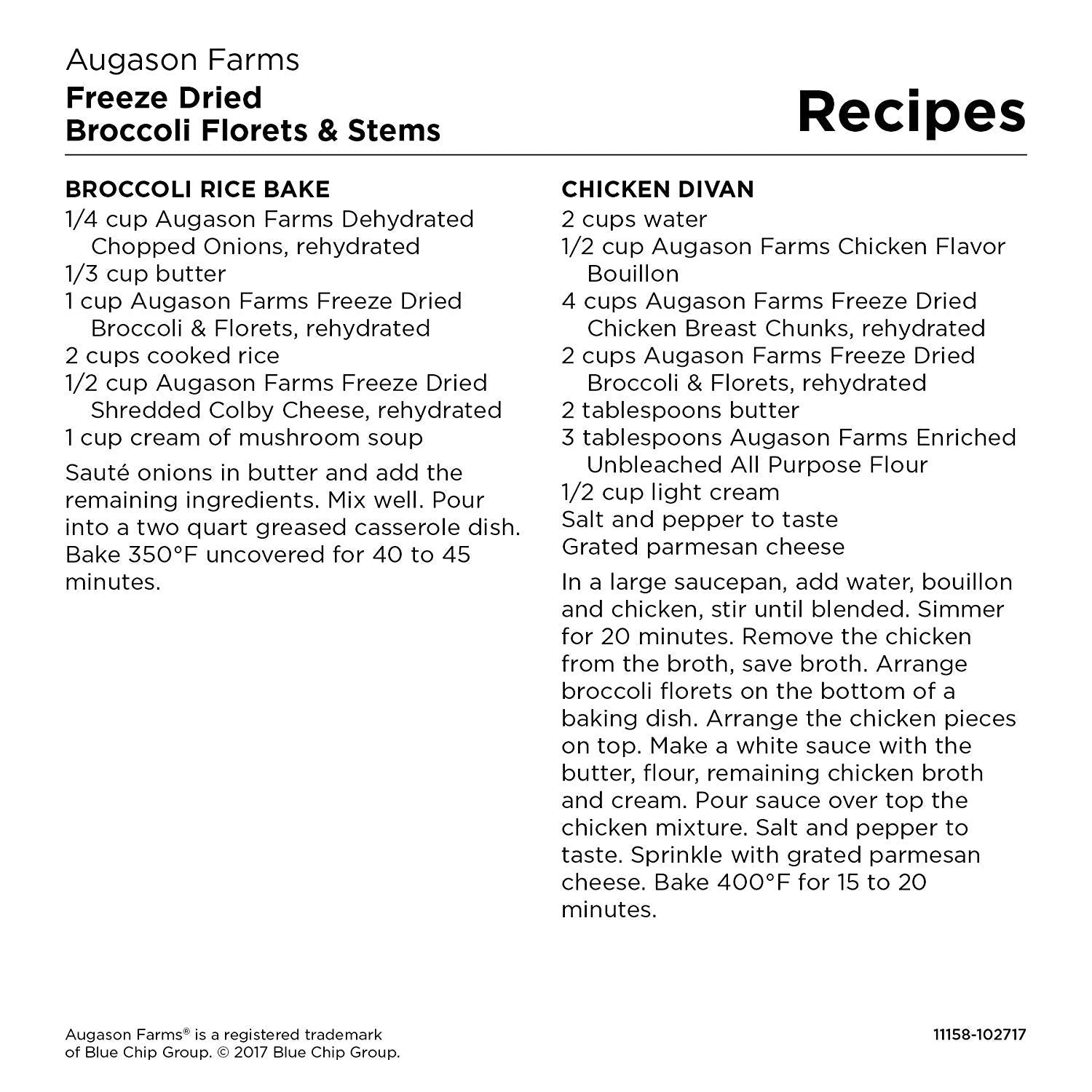 Augason Farms broccoli used in soups and casseroles for quick meals.
