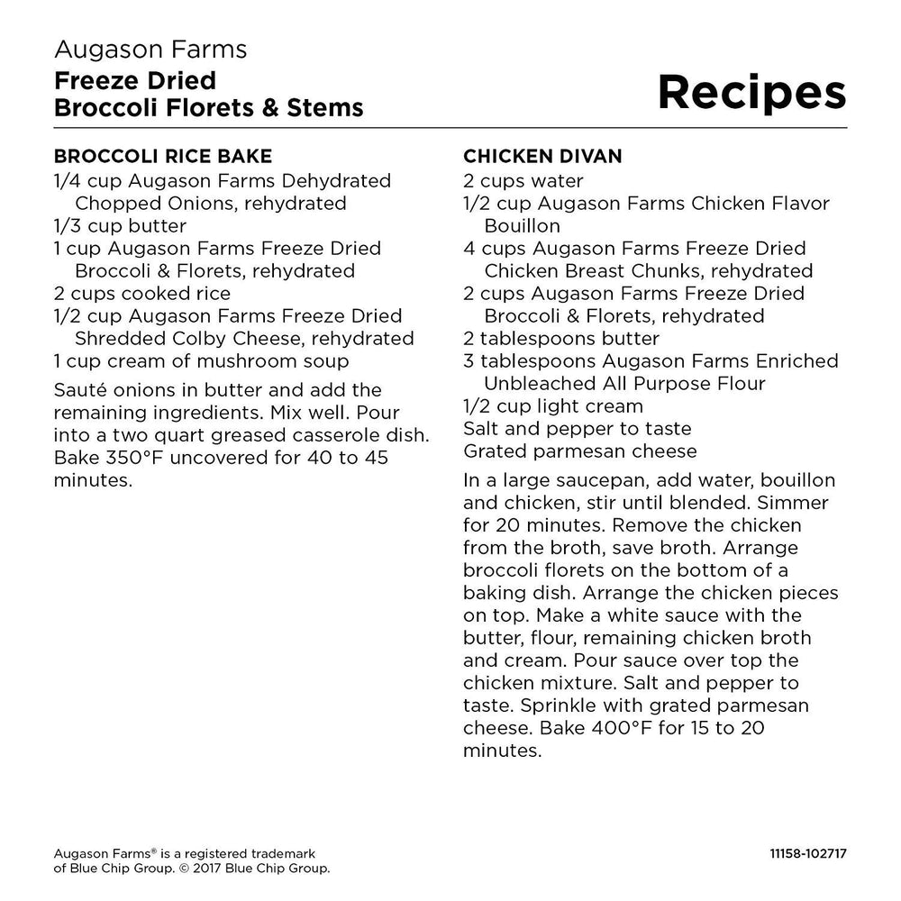 Augason Farms broccoli used in soups and casseroles for quick meals.