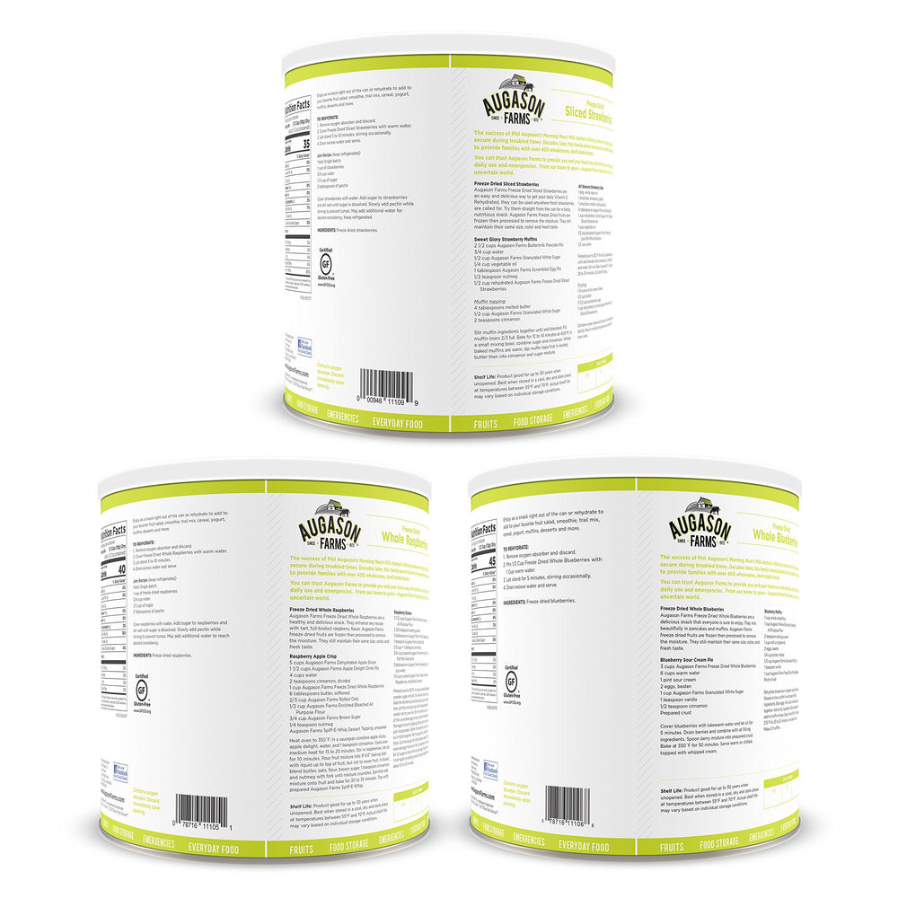 Augason Farms Freeze Dried Berries Kit closeup of berries highlights quick rehydration potential.