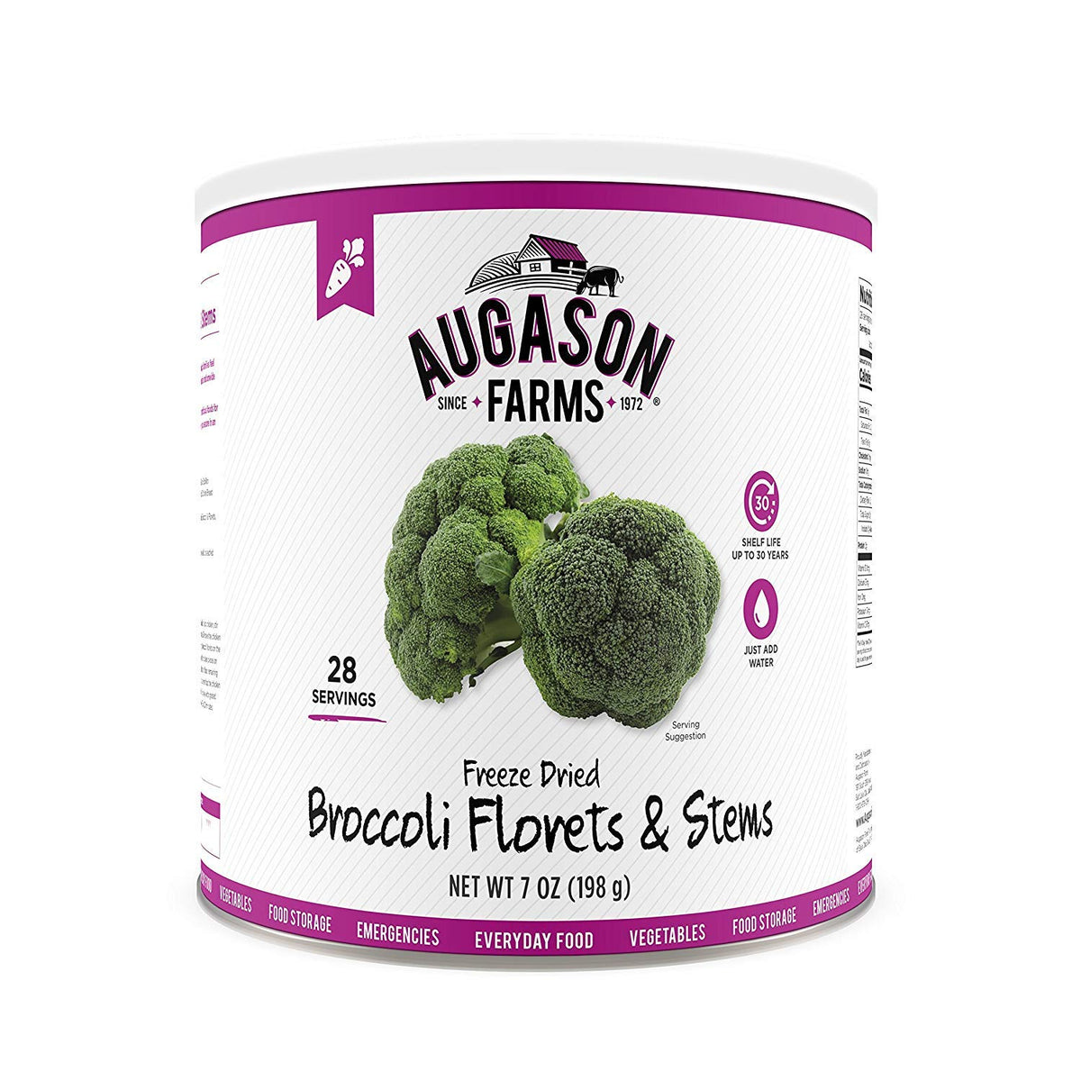 Augason Farms freeze-dried broccoli florets and stems in can for long-lasting meals.