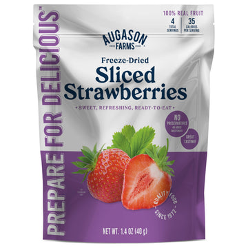 Augason Farms freeze-dried strawberry slices in a pouch for crunchy, healthy snacking.
