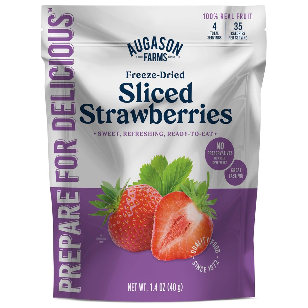 Augason Farms freeze-dried strawberry slices in a pouch for crunchy, healthy snacking.