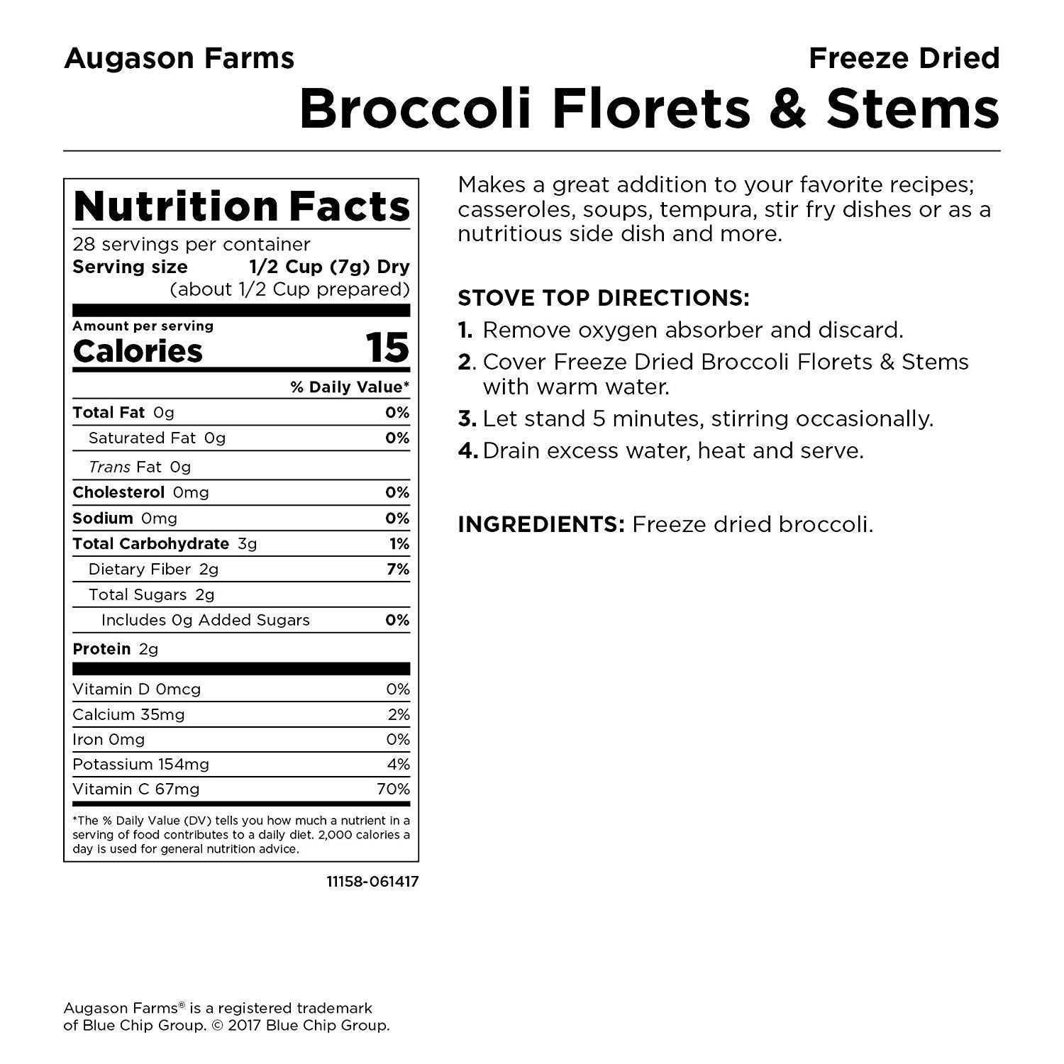 Augason Farms broccoli ready-to-eat veggie snack from the can.