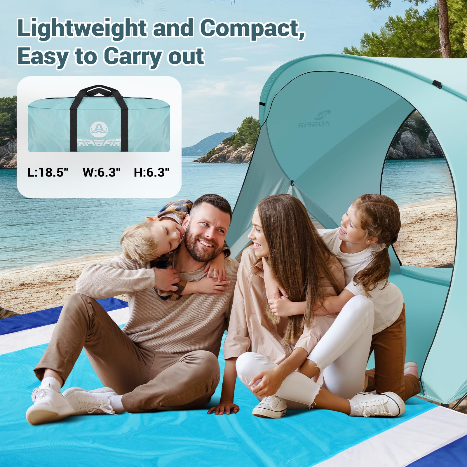 AugFir Beach Tent Sun Shelter with sand shovel and stakes enables stable setup