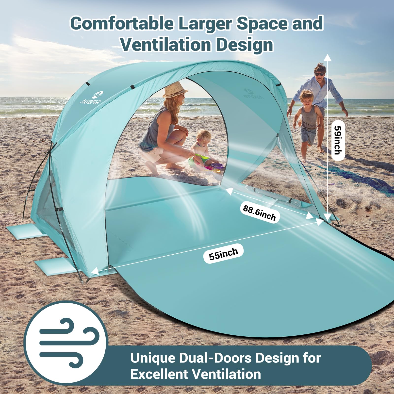AugFir Beach Tent Sun Shelter dual-ventilation design promotes cross-ventilation