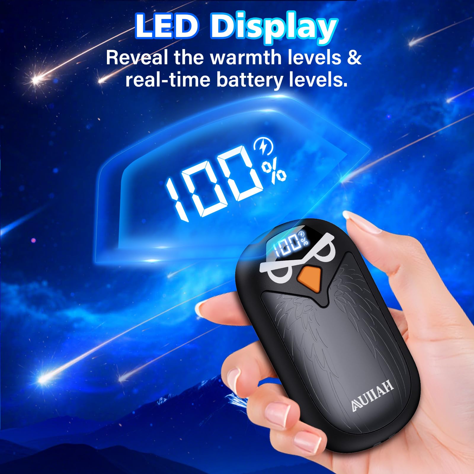 AUIIAH hand warmers LED display closeup showing battery and temperature