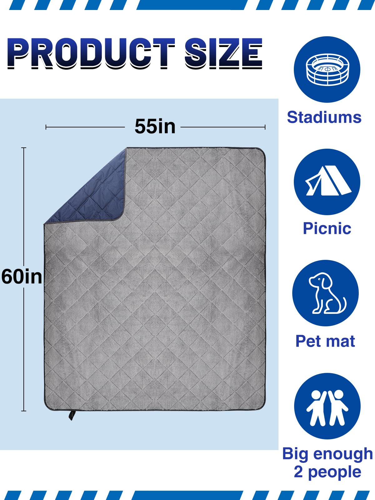 Aulock navy stadium blanket spread on ground showing generous coverage