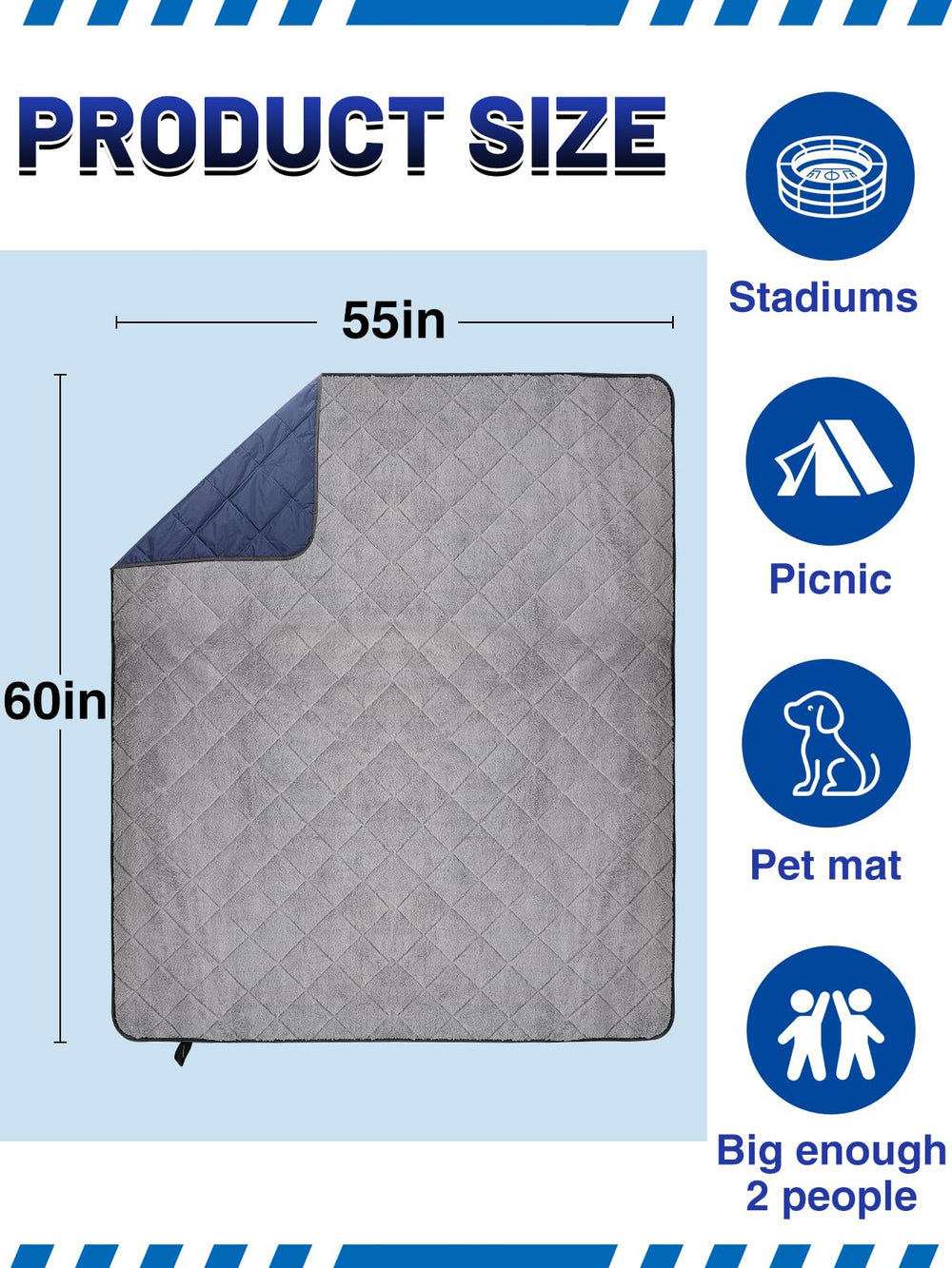 Aulock navy stadium blanket spread on ground showing generous coverage