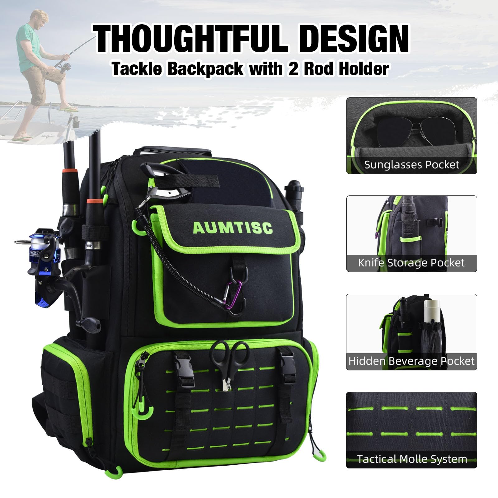AUMTISC fishing tackle backpack with four tackle boxes for organized gear.