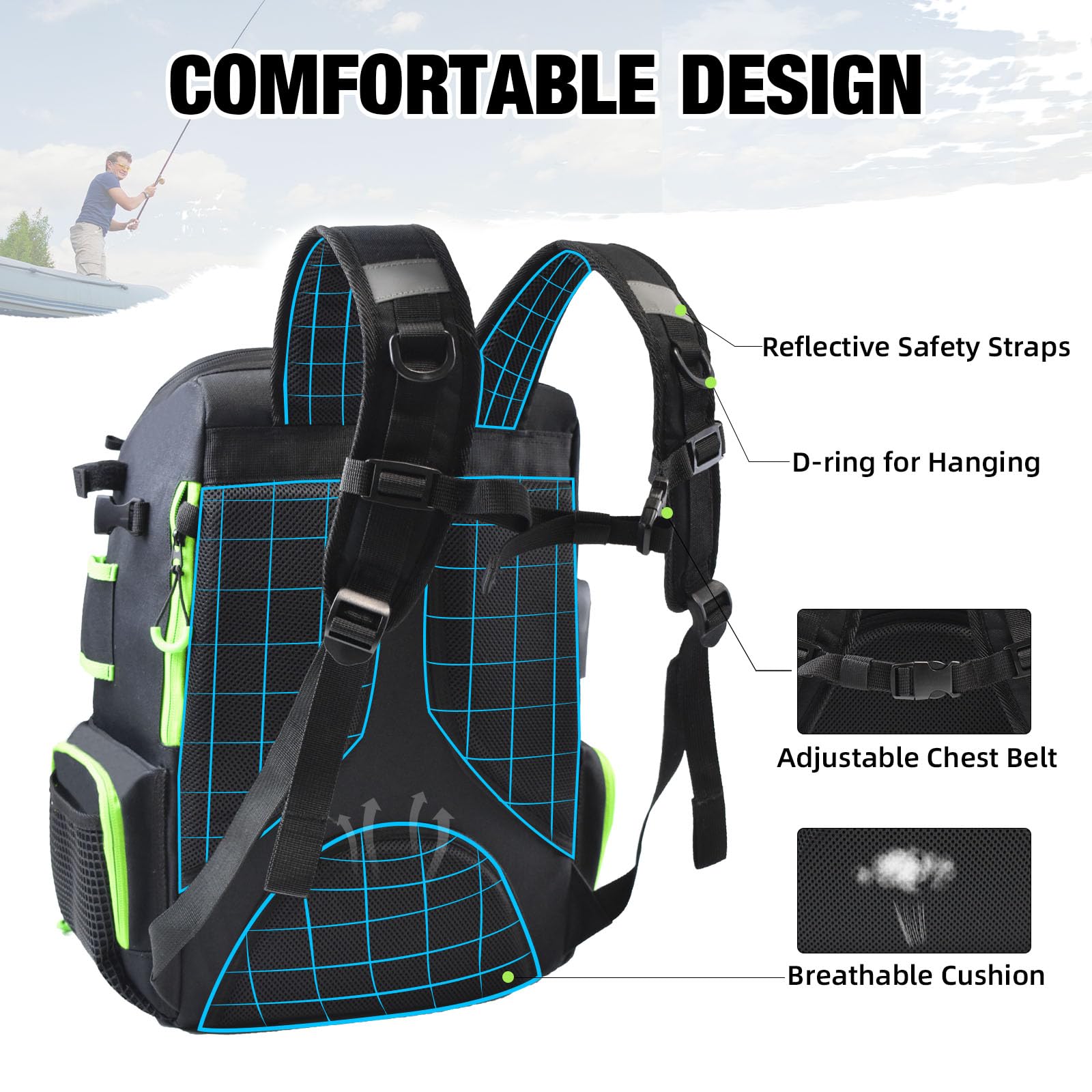 AUMTISC fishing backpack ergonomic design supports back during all-day trips.