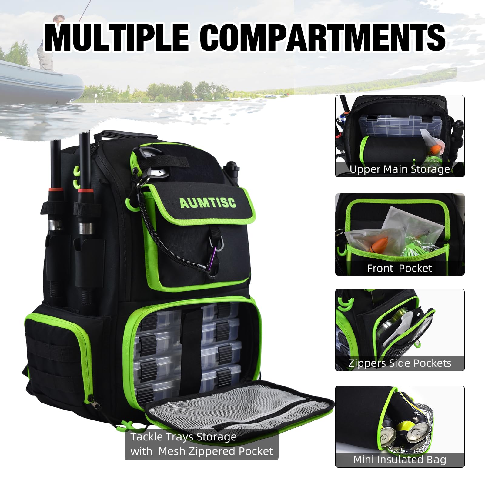 AUMTISC fishing tackle backpack rain cover keeps gear dry in drizzle.