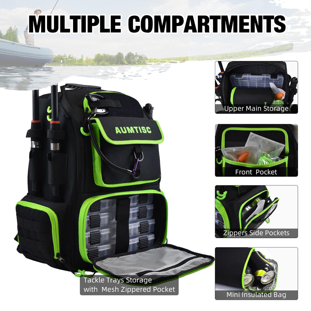AUMTISC fishing tackle backpack rain cover keeps gear dry in drizzle.