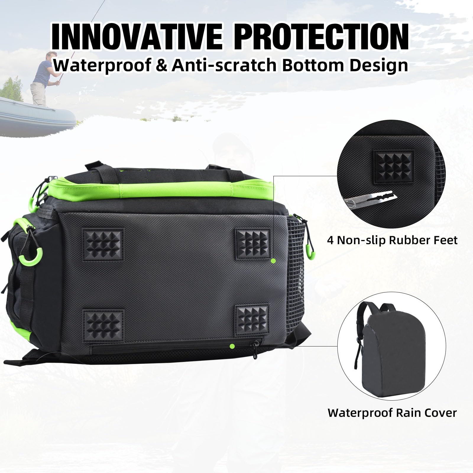 AUMTISC tackle backpack waterproof bottom and non-slip feet for rugged terrain.