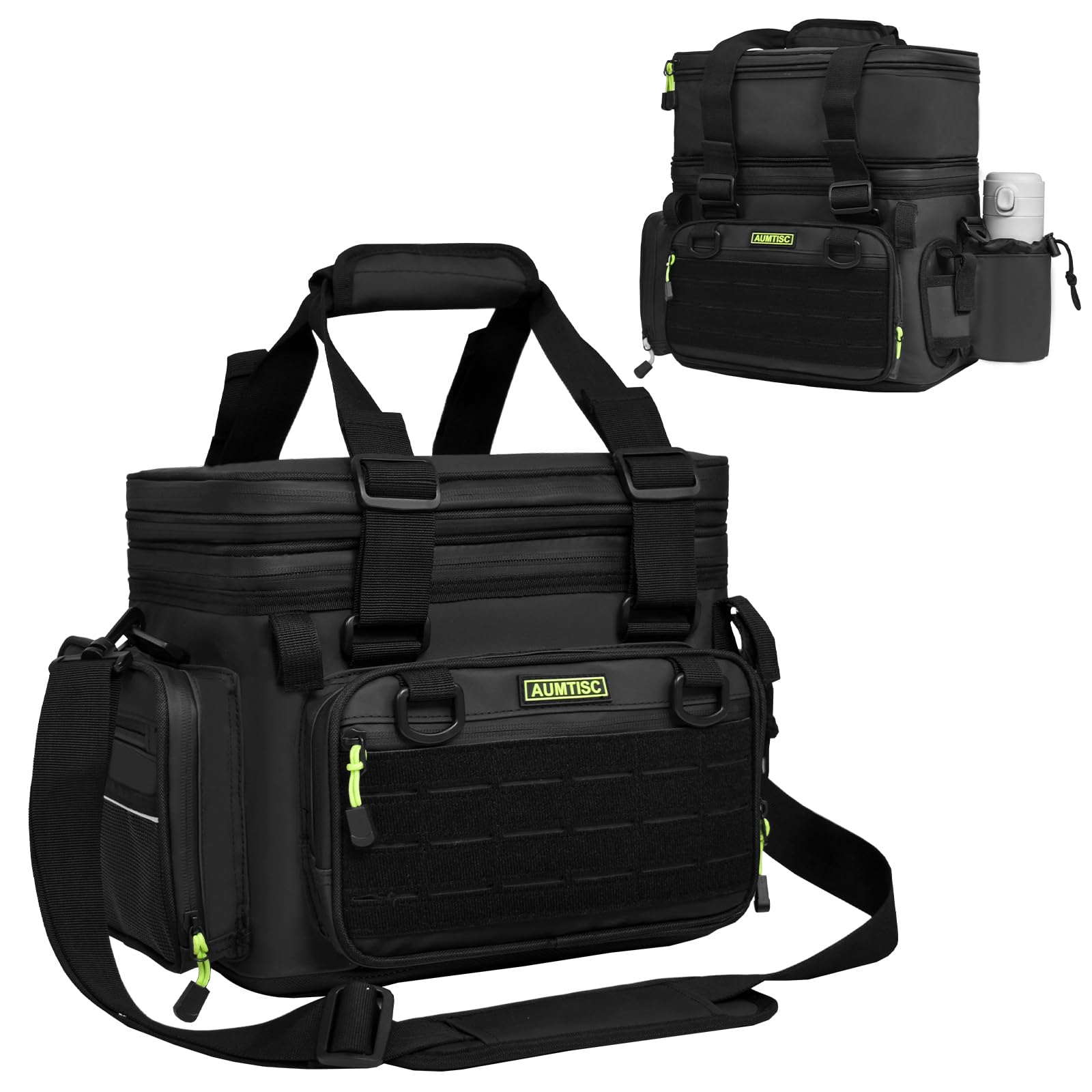 AUMTISC fishing tackle bag front pocket for quick access to lures and tools.