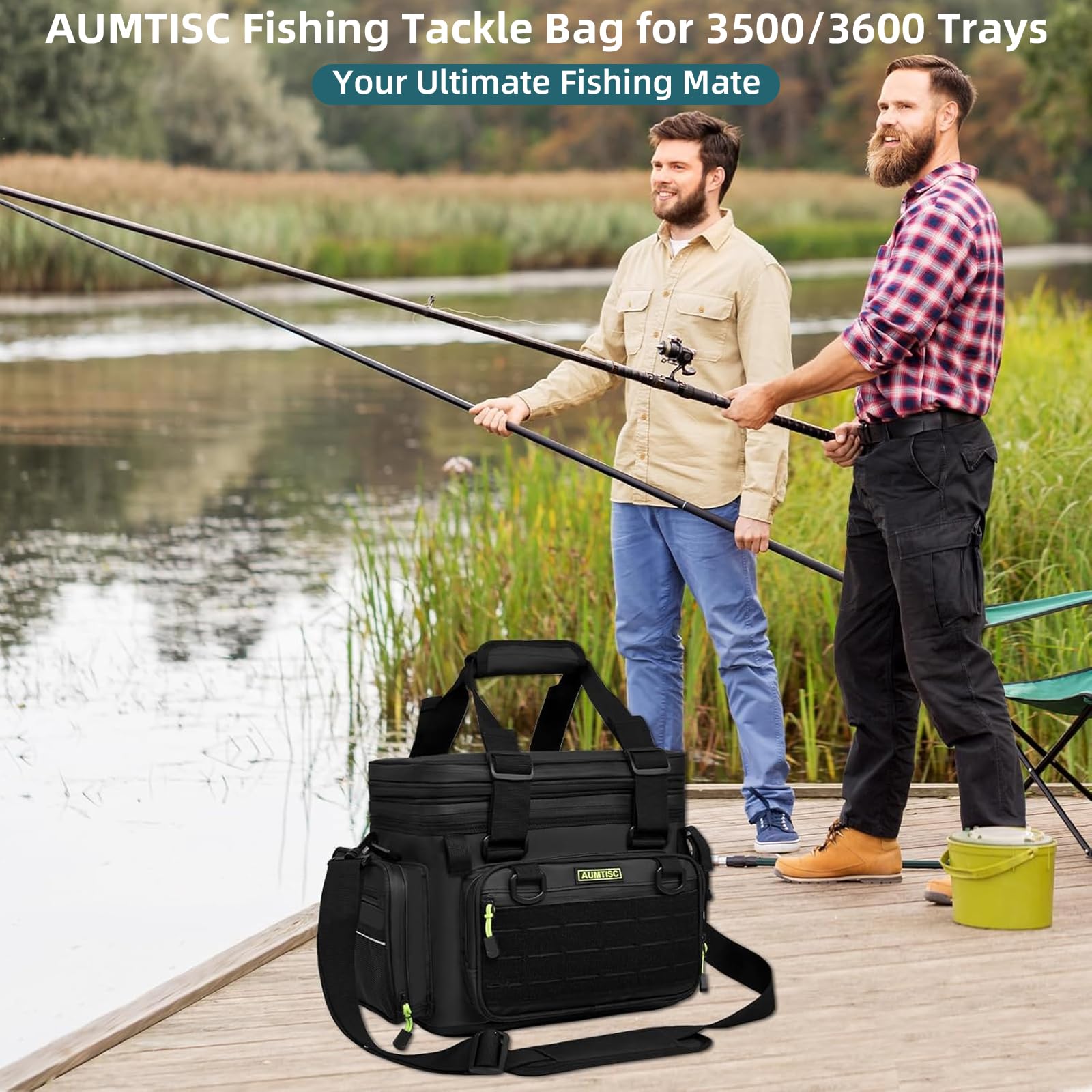 AUMTISC bag main compartment holding seven 3600-size trays for organized storage.