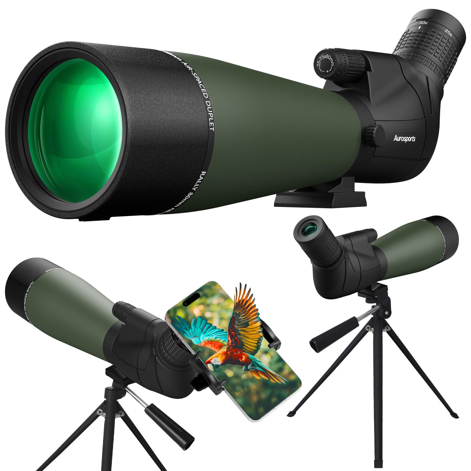 Aurosports spotting scope 25-75x80 zoom showcases versatile magnification for outdoor viewing