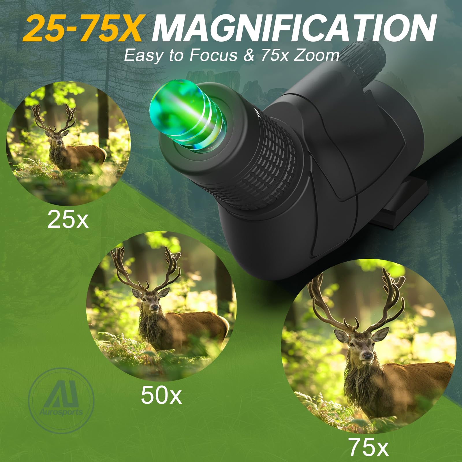 Aurosports spotting scope 80mm objective captures light for bright wildlife scenes