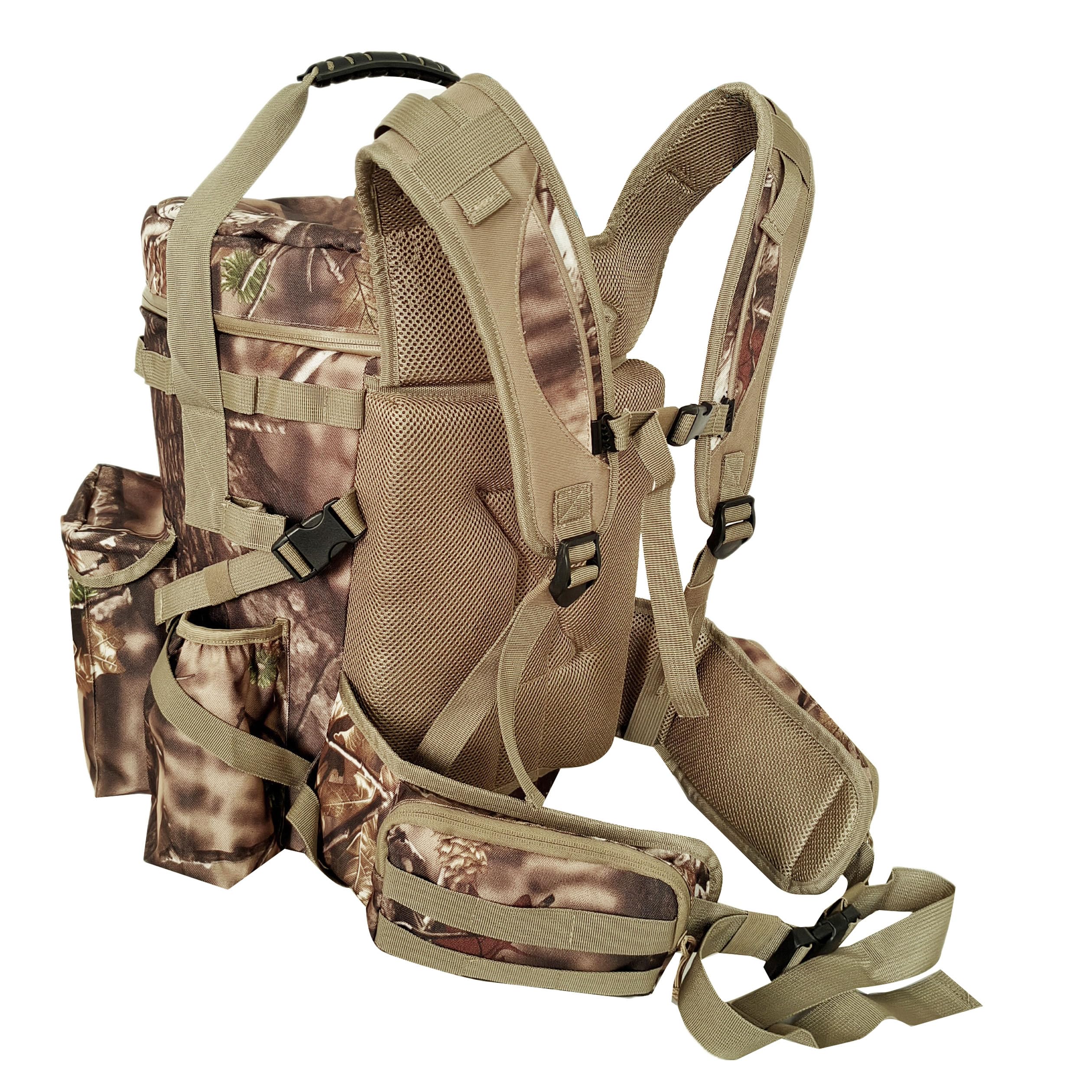 AUSCAMOTEK 5-gallon bucket storage inside backpack for gear and meals.