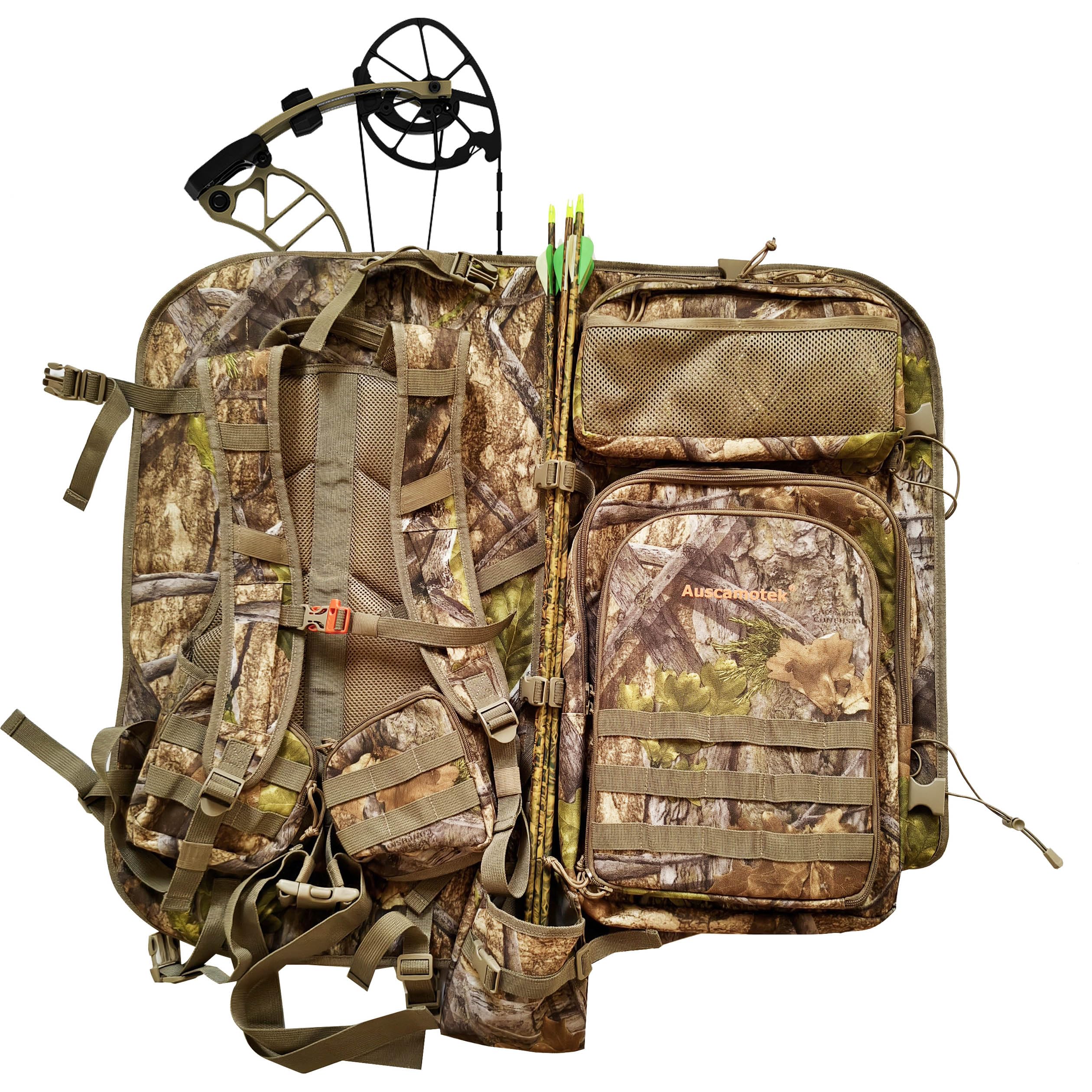 AUSCAMOTEK Bow Hunting Backpack side quiver pouch securely holds arrows for quick reloads.
