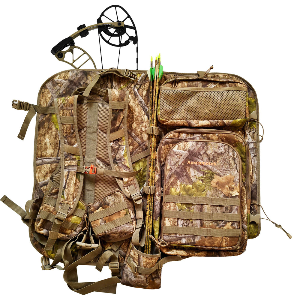 AUSCAMOTEK Bow Hunting Backpack side quiver pouch securely holds arrows for quick reloads.