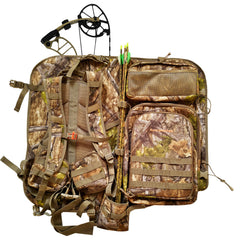 AUSCAMOTEK Bow Hunting Backpack side quiver pouch securely holds arrows for quick reloads.