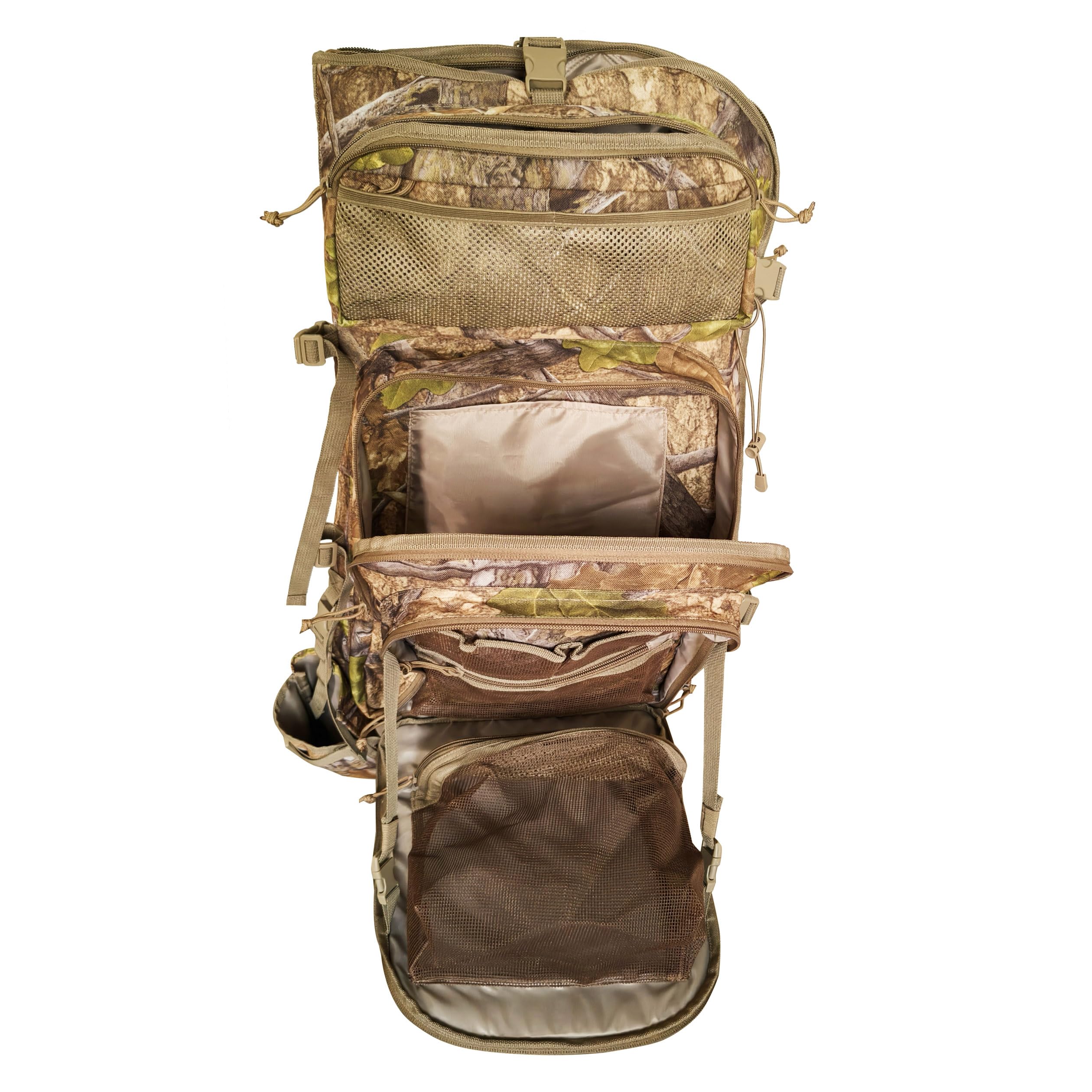 AUSCAMOTEK Bow Hunting Backpack mesh pockets organize essentials in the field.