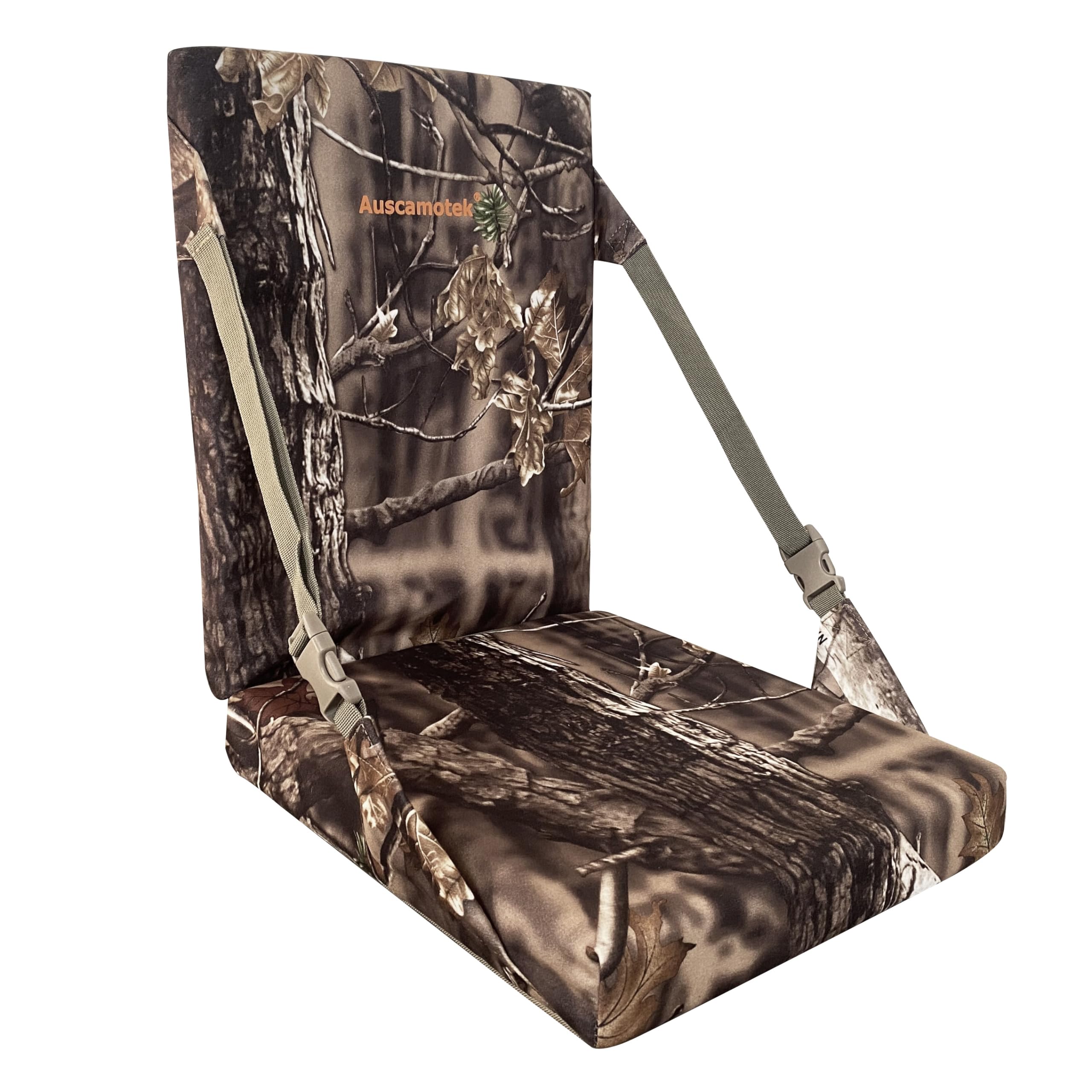 AUSCAMOTEK camouflage seat cushion showing 5cm padding for all-day comfort outdoors.