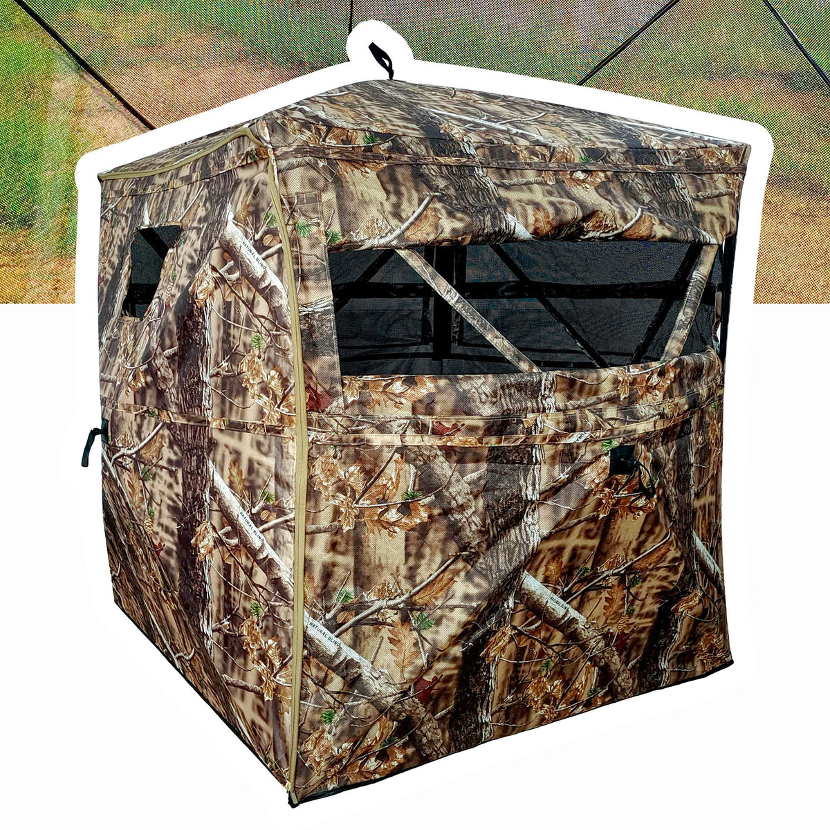 AUSCAMOTEK ground blind 270-degree see-through view for broad field awareness.