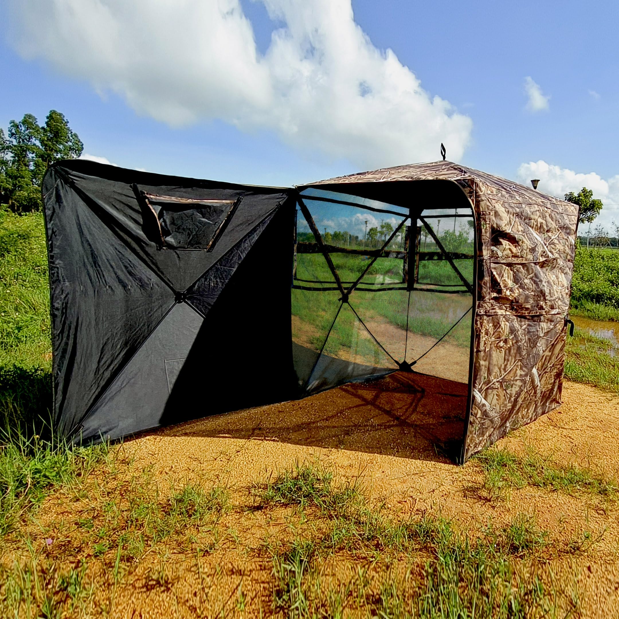 AUSCAMOTEK ground blind durable woodland camouflage material blending into terrain.