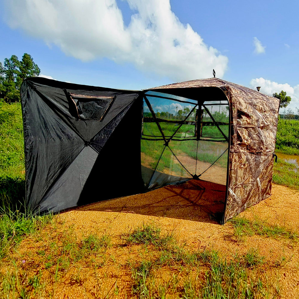 AUSCAMOTEK ground blind durable woodland camouflage material blending into terrain.