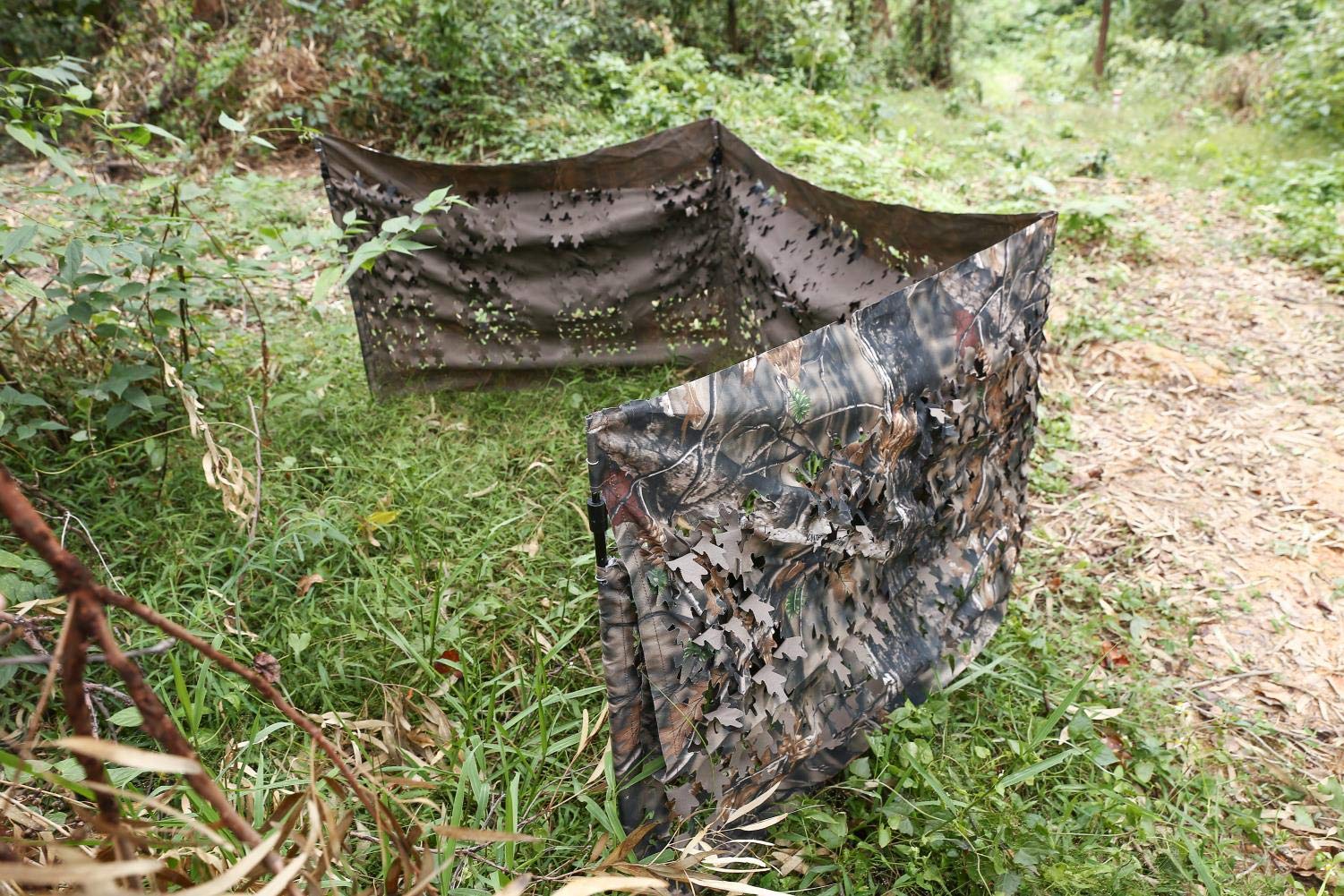 Auscamotek ground blind with telescoping steel stakes provides sturdy windproof anchoring.