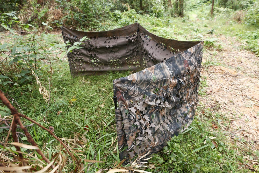 Auscamotek ground blind with telescoping steel stakes provides sturdy windproof anchoring.
