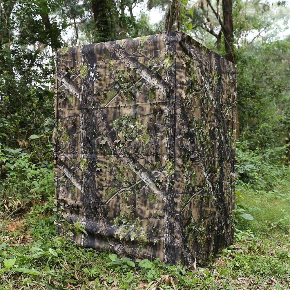 AUSCAMOTEK ground blind woodland-green-leaf close-up demonstrates durable 300D fabric and odor-free design.