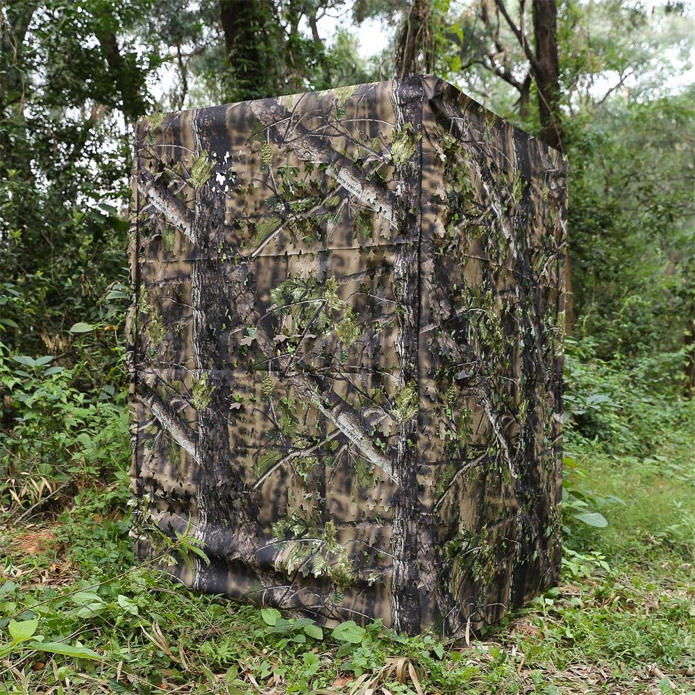 AUSCAMOTEK ground blind woodland-green-leaf close-up demonstrates durable 300D fabric and odor-free design.