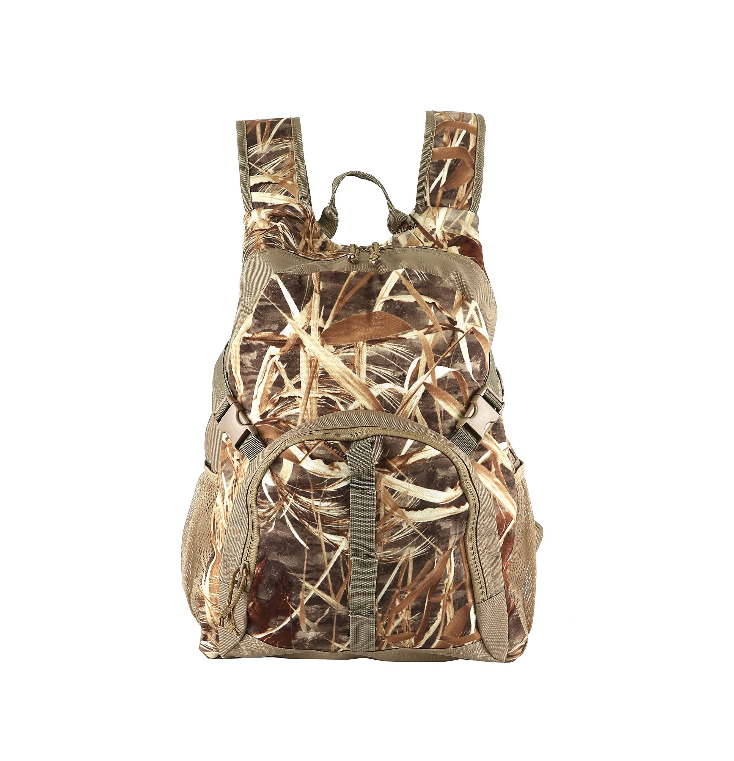 AUSCAMOTEK hunting backpack front view in grass camo for concealment.