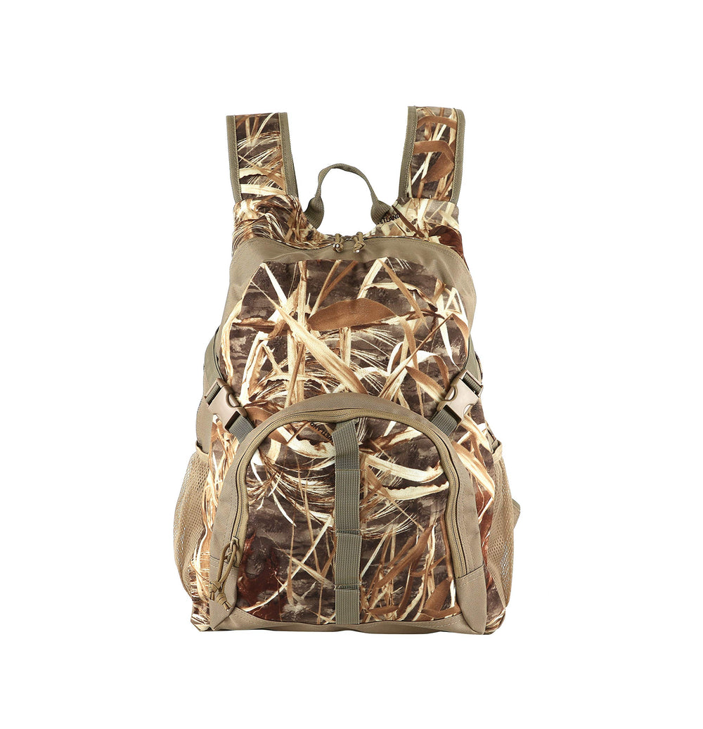 AUSCAMOTEK hunting backpack front view in grass camo for concealment.