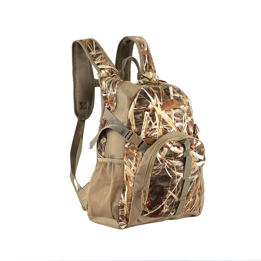 AUSCAMOTEK hunting backpack side pocket in grass camo for quick access.