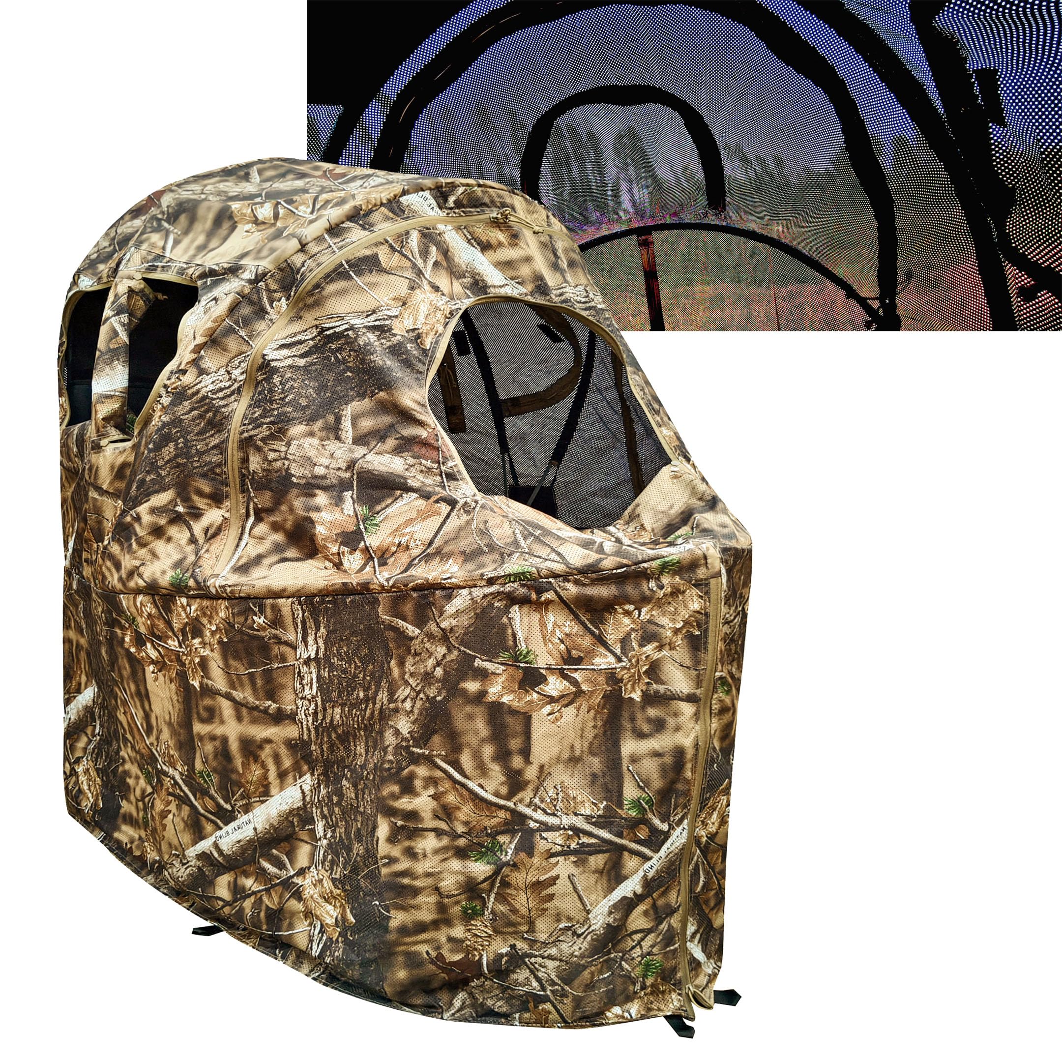 AUSCAMOTEK see-through ground blind with built-in chair for stealthy, comfortable solo hunts.
