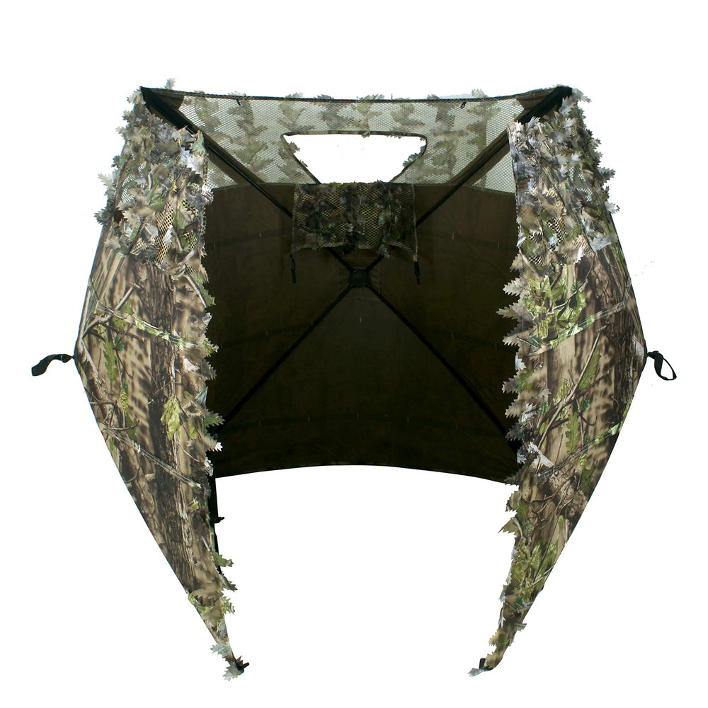 AUSCAMOTEK three-panel ground blind showing adjustable angles for versatile shooting.