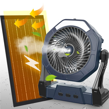 Ausic 10W misting solar fan front view, portable cooling for outdoor adventures