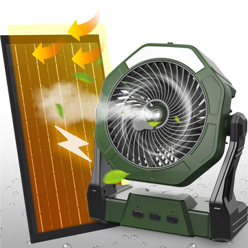 Ausic 10W solar fan front view with misting capability for outdoor cooling.