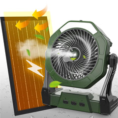 Ausic 10W solar fan front view with misting capability for outdoor cooling.