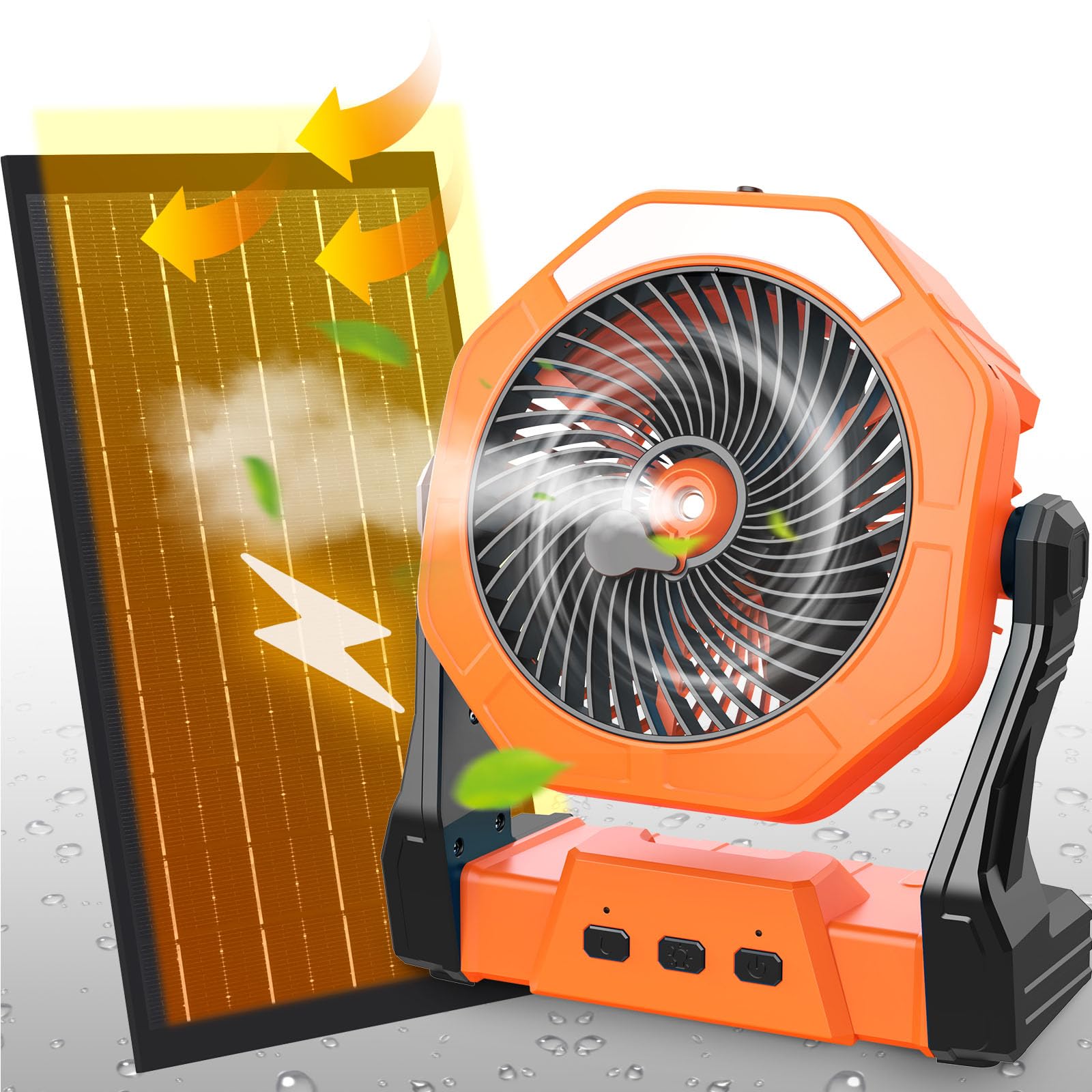 Ausic 10W solar panel camping fan powering cooling and charging on the go