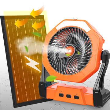 Ausic 10W solar panel camping fan powering cooling and charging on the go