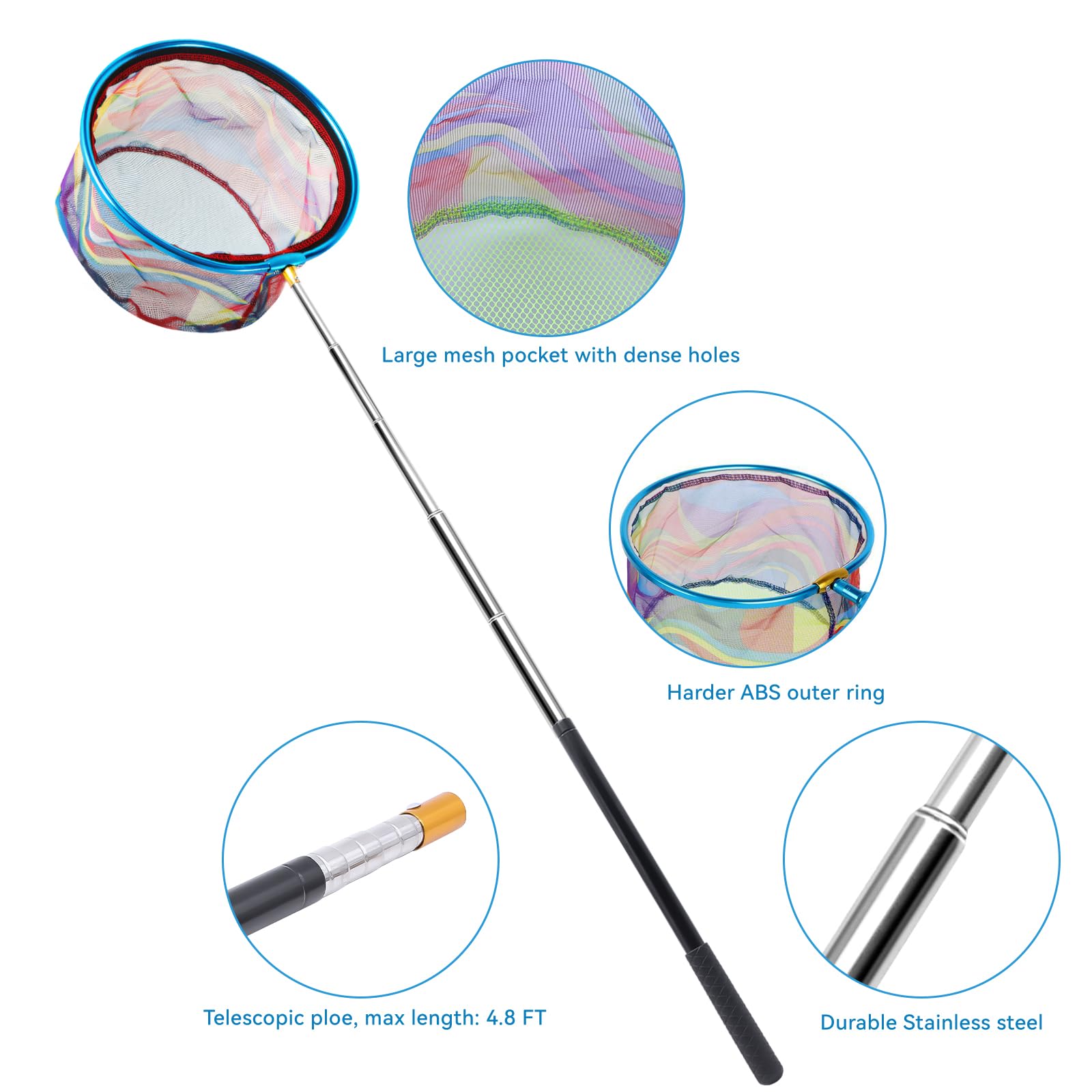 Telescopic fishing net extended with bucket and 10-inch pocket