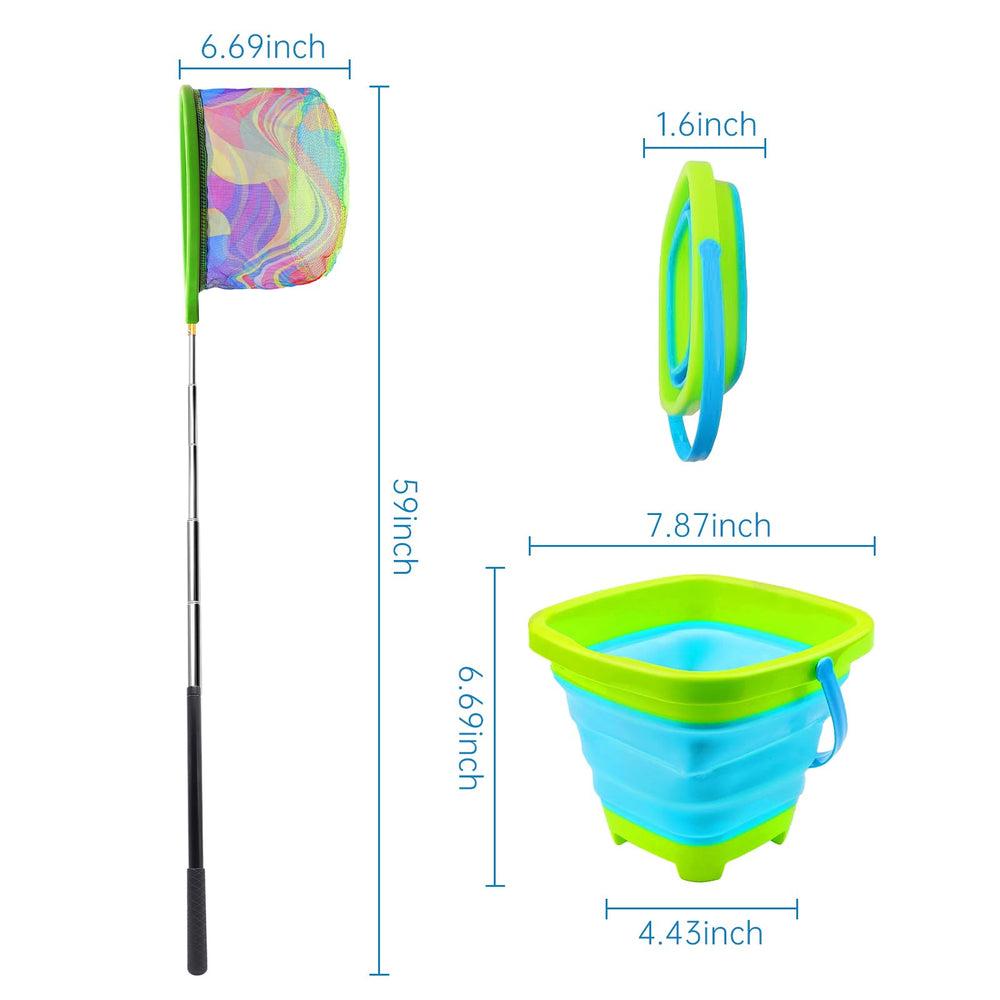 Outdoor fishing kit featuring two nets and two silicone buckets